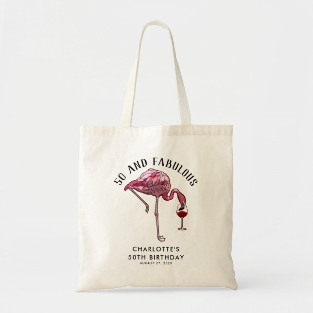 Tote Bag 50th Birthday Flamingo 50 and Fab Novelty Custom (Devant)