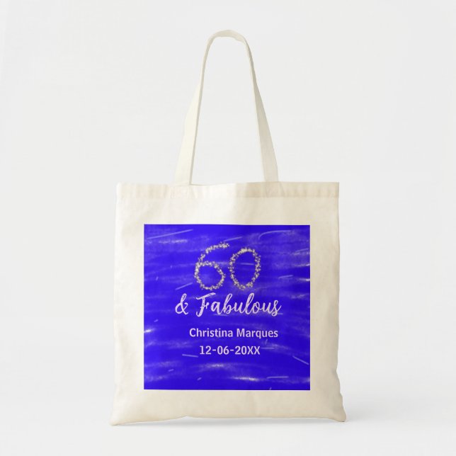 Tote Bag 60 & fabuleux anniversaire bleu argent ajouter nom (Devant)