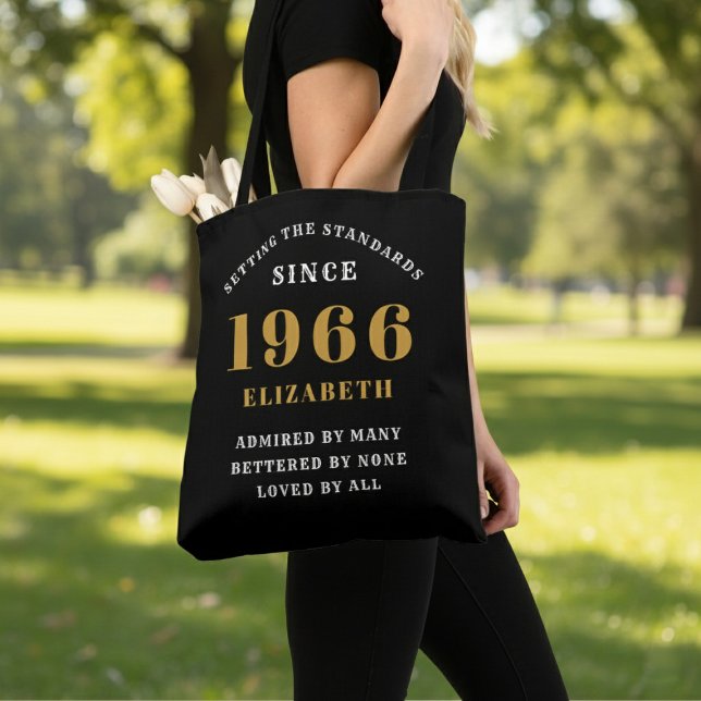 Tote Bag 60th Birthday 1966 Black Gold For Her Personalized (Born 1966 birthday tote bag. Background out of focus.)