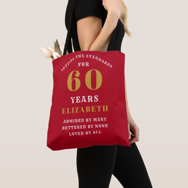Tote Bag 60th Birthday Standards Red Gold Ajouter votre nom (De près)