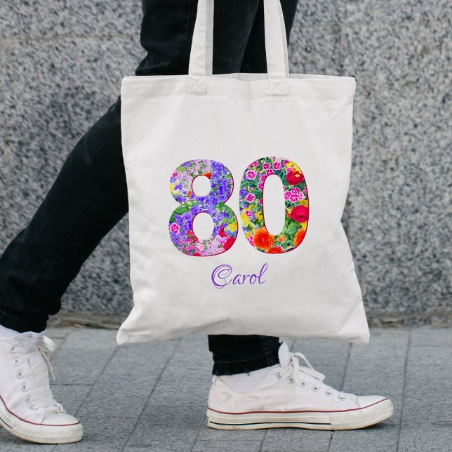 Tote Bag 80e anniversaire Ami cadeau - Nom floral 80 ans (Créateur téléchargé)