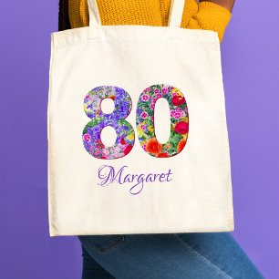 Tote Bag 80e anniversaire grand-mère cadeau - Nom floral 80