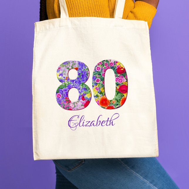Tote Bag 80e anniversaire Maman Cadeau - Nom floral 80 ans (Créateur téléchargé)