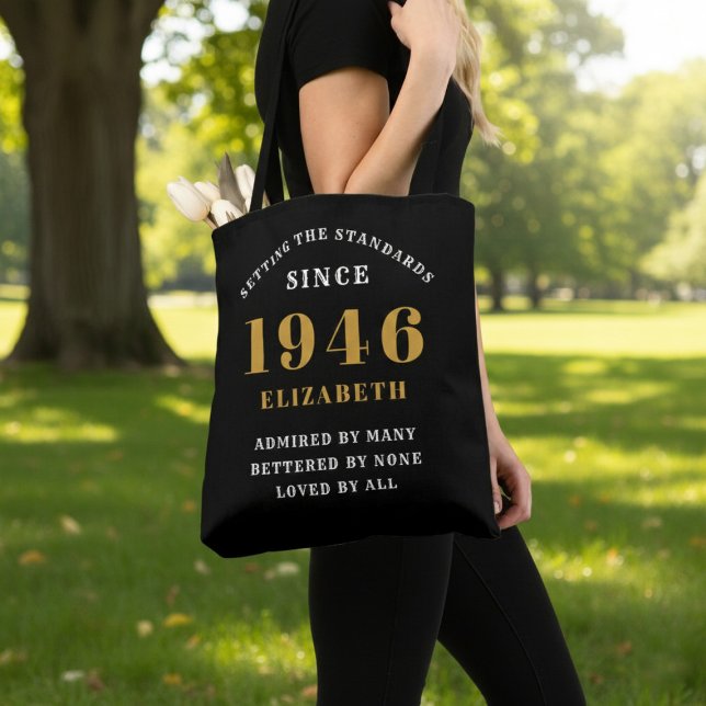 Tote Bag 80th Birthday 1946 Black Gold For Her Personalized (Born 1946 birthday tote bag. Background out of focus.)