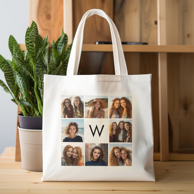 Tote Bag 8 Photo Collage personnalisé Monogramme noir et bl (Personalized tote bag with photos and monogram)