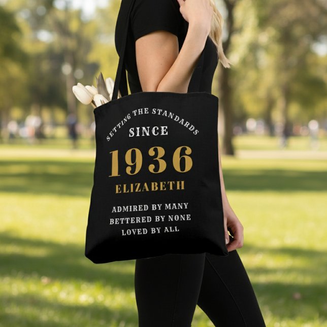 Tote Bag 90th Birthday 1936 Black Gold For Her Personalized (Born 1936 birthday tote bag. Background out of focus.)