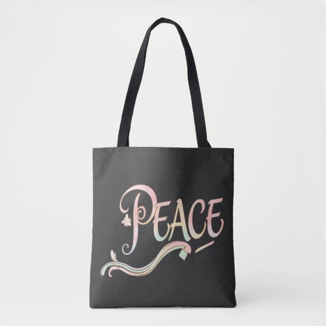 Tote Bag A beautiful, flowing script of the word "Peace" fe (Devant)