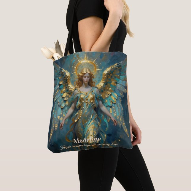 Tote Bag A Beautiful Gold and Turquoise Angel Personalized (De près)