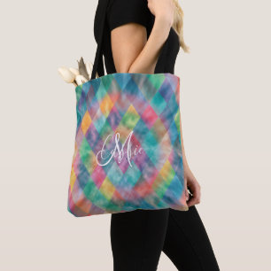 Tote Bag à damiers Arlequin Pale Arc-en-ciel Nom