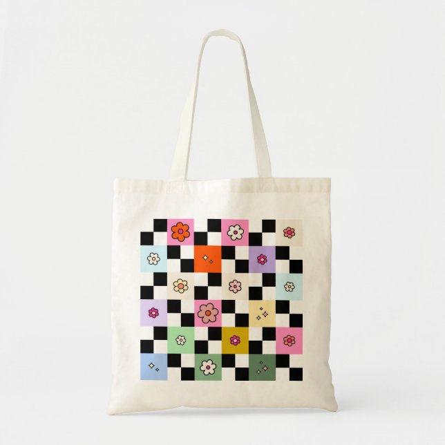 Tote Bag À damiers coloré rétro marguerite (Devant)