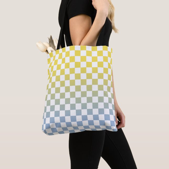 Tote Bag à damiers jaune à bleu clair et Motif blanc (De près)