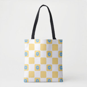 Tote Bag À damiers Jaune Blanc Avec Motif Fleur Bleu