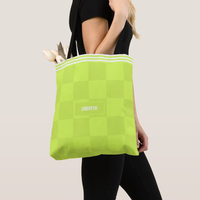 Tote Bag À damiers personnalisées Neon Lime Green Highlight (De près)
