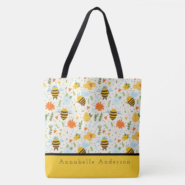 Tote Bag Abeille Mignonne Avec Casquettes Bleus Personnalis (Devant)