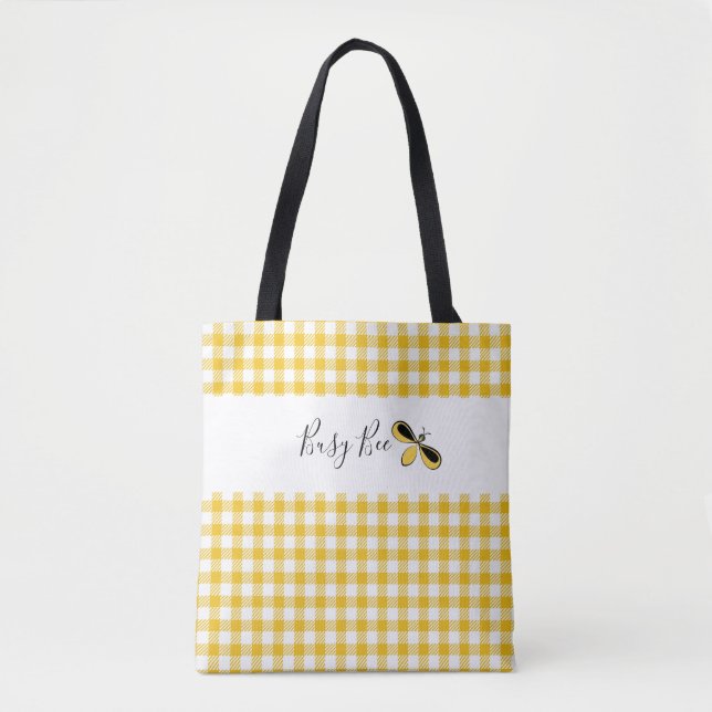 Tote Bag Abeille occupée, En vichy jaune Épaule Fourre-tout (Devant)