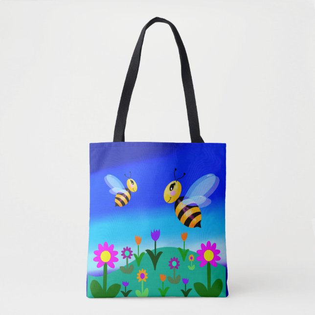 Tote Bag Abeilles heureuses dans un champ de fleurs (Devant)