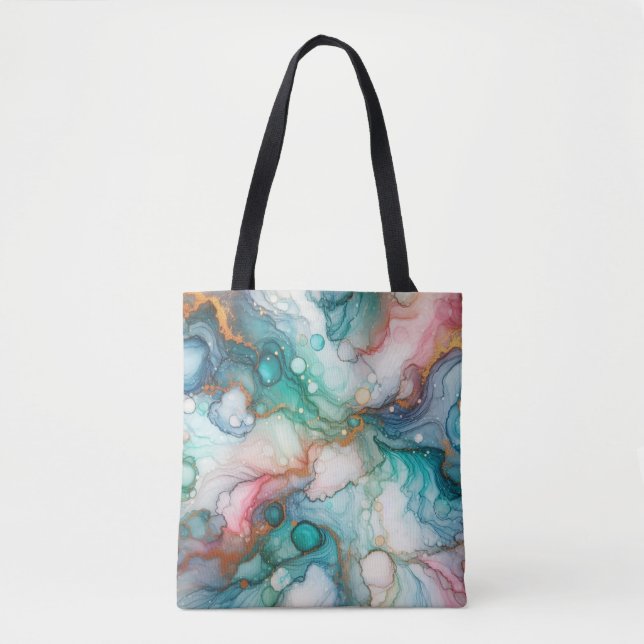 Tote Bag Abstract in Pink, Teal, Blue, and Gold (Devant)