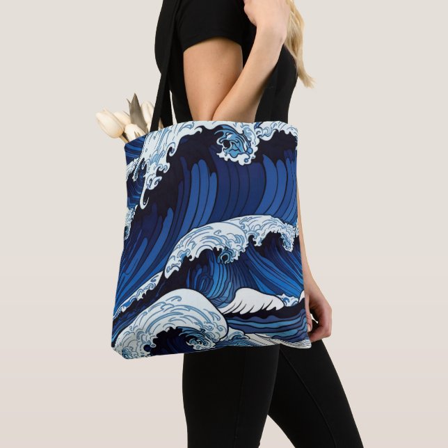 Tote Bag Abstrait Blue Ocean Waves Art de style japonais | (De près)