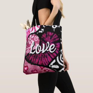 Tote Bag Abstrait coeur d'amour rose Floral Pois noir