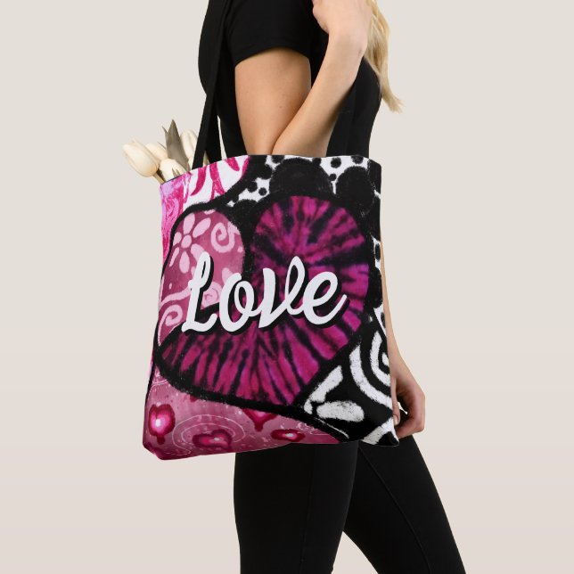 Tote Bag Abstrait coeur d'amour rose Floral Pois noir (De près)