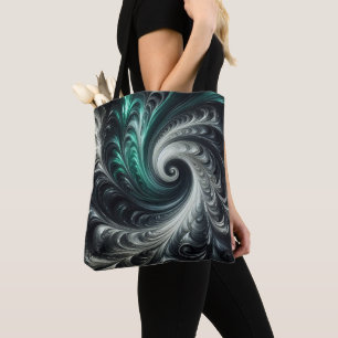 Tote Bag Abstrait Moderne Tourbillonnant Vert, Argent et No