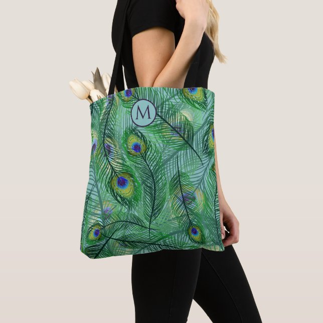 Tote Bag Abstrait Peacock Feathers Motif Monogramme (De près)