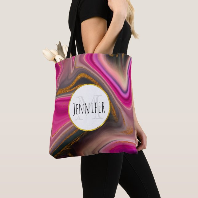 Tote Bag Abstrait rose et noir avec Monogramme à perles d'o (De près)
