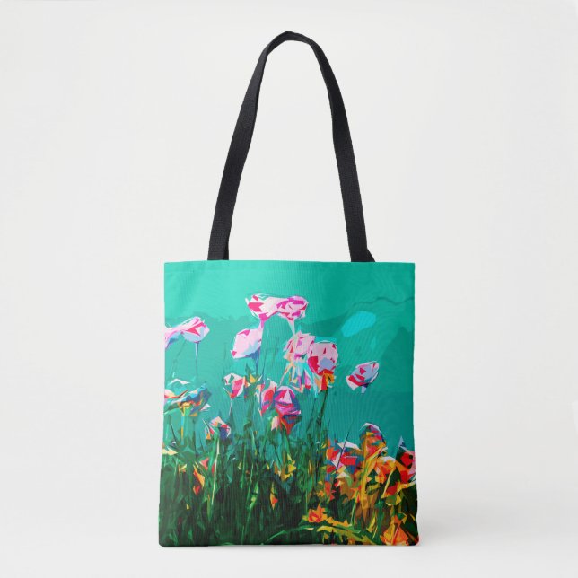 Tote Bag Abstrait tableau de fleurs turquoise rose orange (Devant)