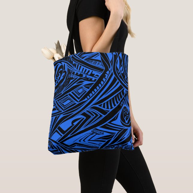 Tote Bag Abstrait Tribal Noir Et Bleu (De près)