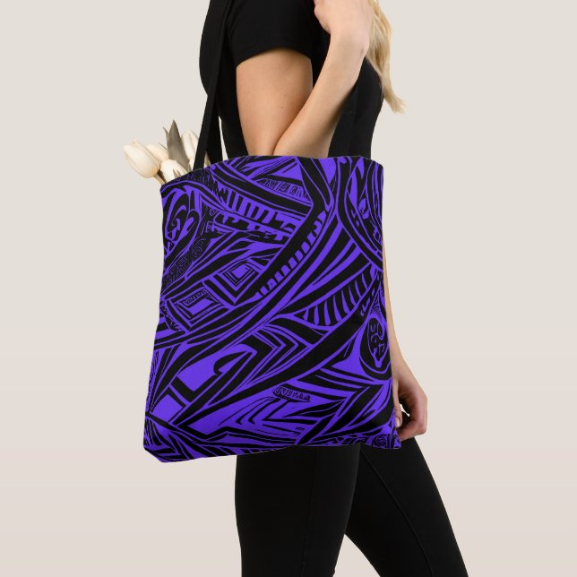 Tote Bag Abstrait Tribal Noir Et Violet (De près)
