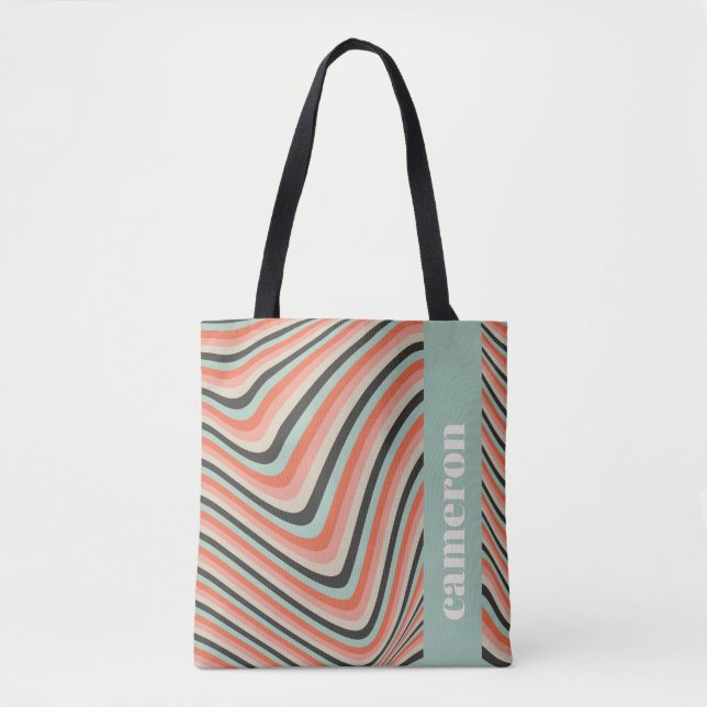 Tote Bag Abstrait Wavy Stripes Aqua et Peach Personnalisé (Devant)
