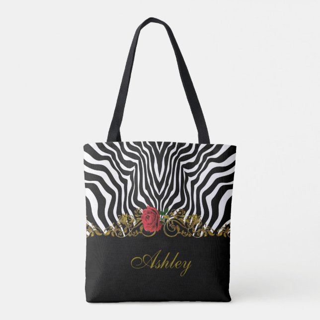 Tote Bag Abstraite Fleur Zèbre Rouge Noir Blanc Or (Dos)