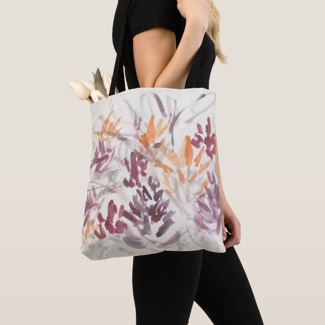 Tote Bag Abstraite peinture à la fleur violet orange (De près)