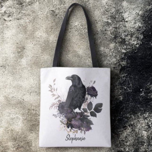 Tote Bag Academia Fleurie Corbeau Gothique (Floral black raven personalized tote bag)