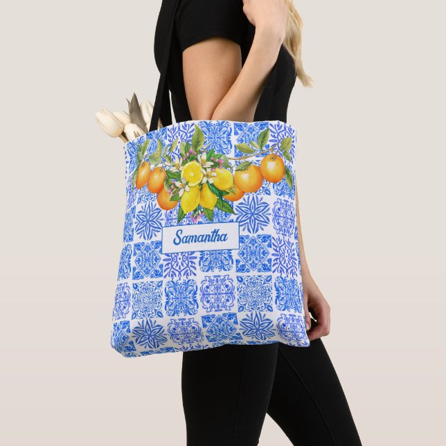 Tote Bag Acitrus bleu sicilien jaune azulejo méditerranéen (De près)
