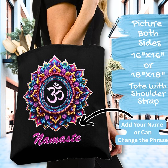 Tote Bag Add Name, Pink Mandala with OM symbol on a Black (Créateur téléchargé)