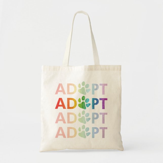 Tote Bag Adopter le texte empilé Paw Arc-en-ciel (Devant)