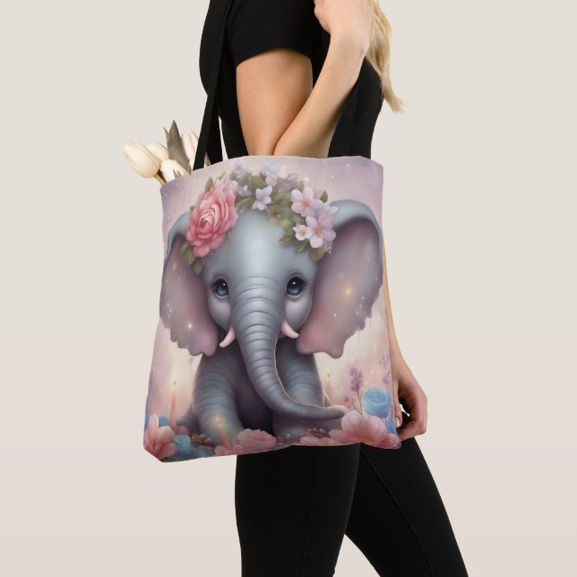 Tote Bag Adorable bébé éléphant avec fleurs (De près)