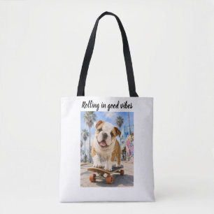 TOTE BAG ADORABLE BOULEDOGUE ANGLAIS SUR SKATEBOARD