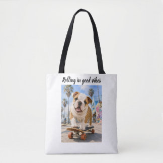 TOTE BAG ADORABLE BOULEDOGUE ANGLAIS SUR SKATEBOARD