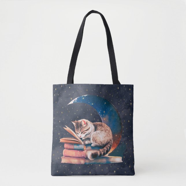 Tote Bag Adorable Chat sur la Lune Lire un livre (Devant)