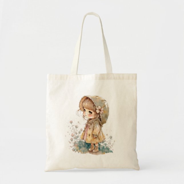 Tote Bag Adorable fille Chibi dans l'ancienne aquarelle Fou (Devant)