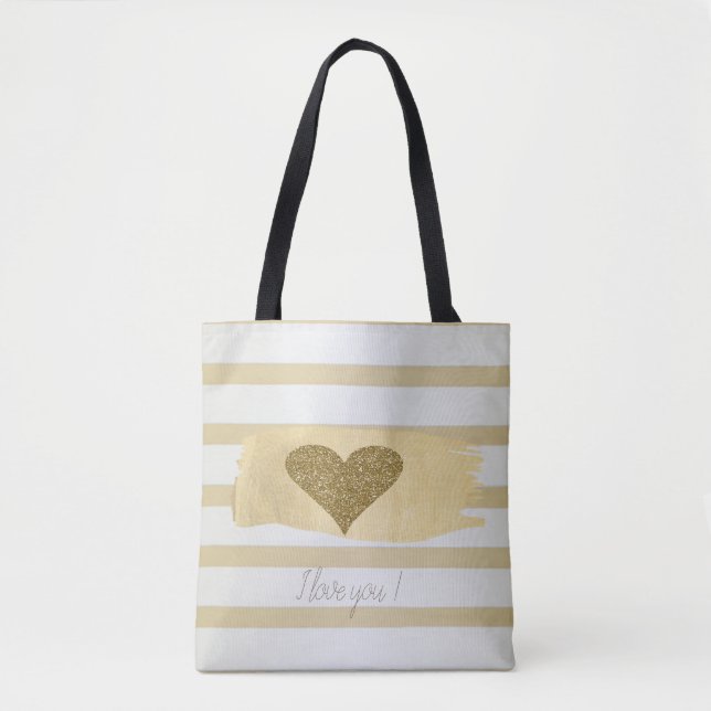 Tote Bag Adorable Gold Parties scintillant Coeurs Stripes-J (Devant)
