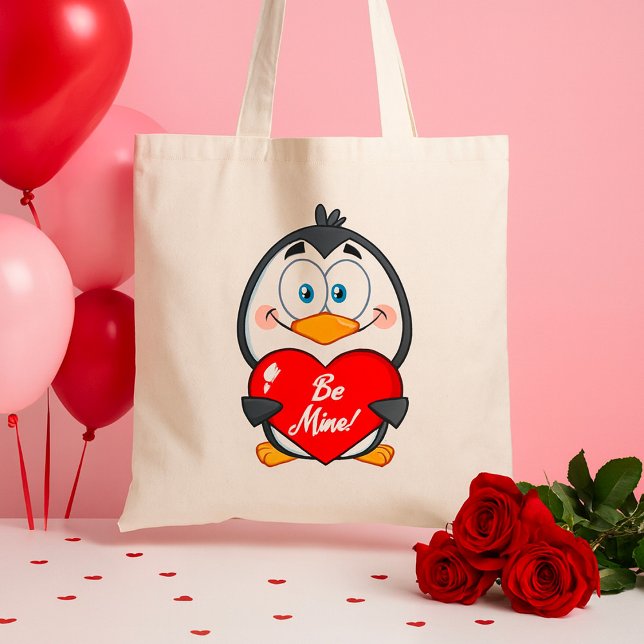 Tote Bag Adorable Penguin Holding Be Mine Heart (Créateur téléchargé)