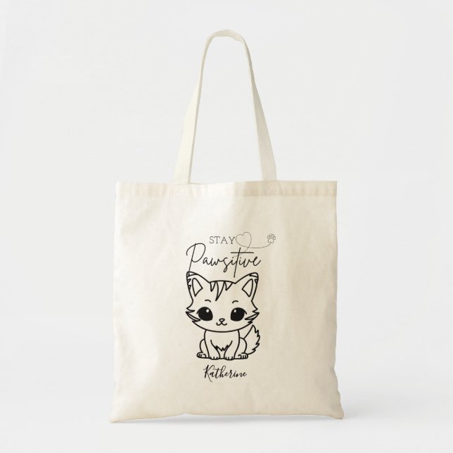 Tote Bag Adorable "Restez Pawsitif" Cute Kitty Chat (Devant)