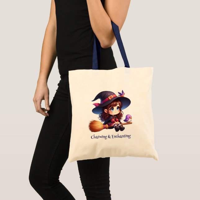 Tote Bag Adorable sorcière mignonne avec 2 oiseaux, Hallowe (Devant (produit))