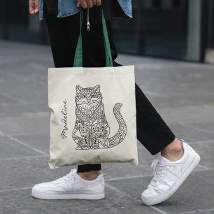 Tote Bag Adult Color Cat Mandala Monogram