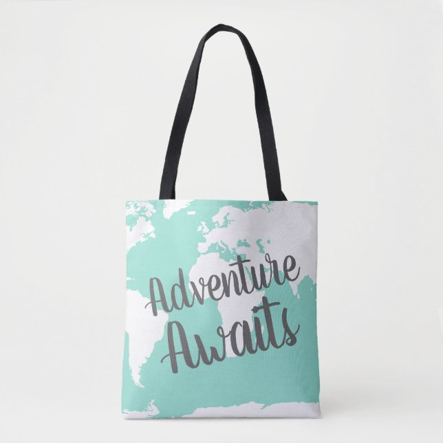 Tote Bag Adventure Await White World Map & Mint (Devant)