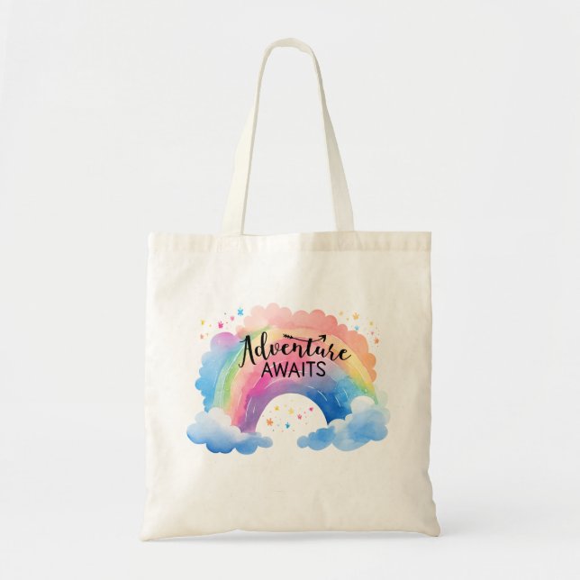 Tote Bag Adventure Awaits Colourful Rainbow  (Devant)