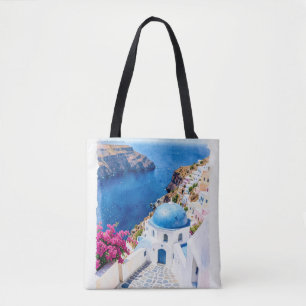 Tote Bag Affiche aquarelle du dôme bleu de Santorin